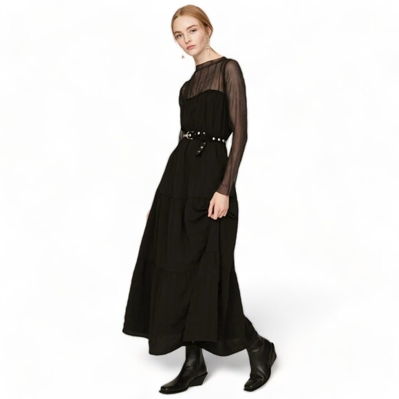 PAMELA LOVE Sheer Maxi Tiered Dress Black Long Sleeves Wednesday Goth Emo Size L - Picture 1 of 14